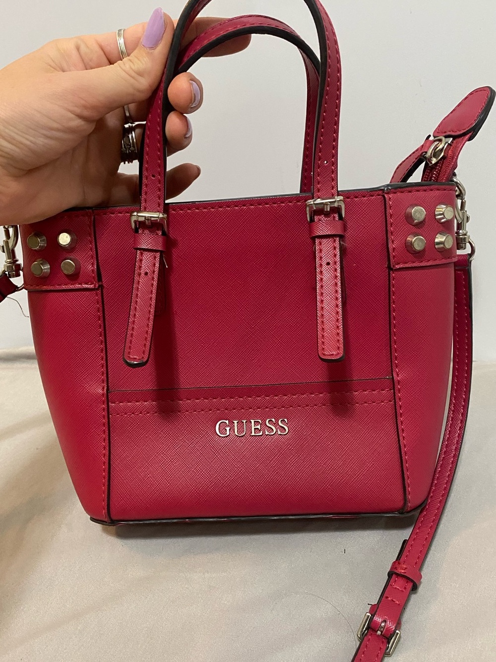 GUESS Delaney Mini Classic Studded Tote Crossbody Bag - Red - Excellent